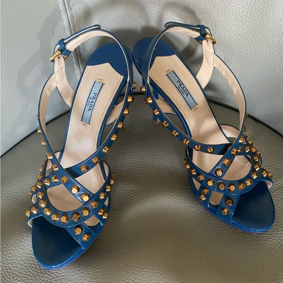Prada Blue Leather Studded Slingback Sandals Sz 37.5, 7.5 - Picture 2 of 11